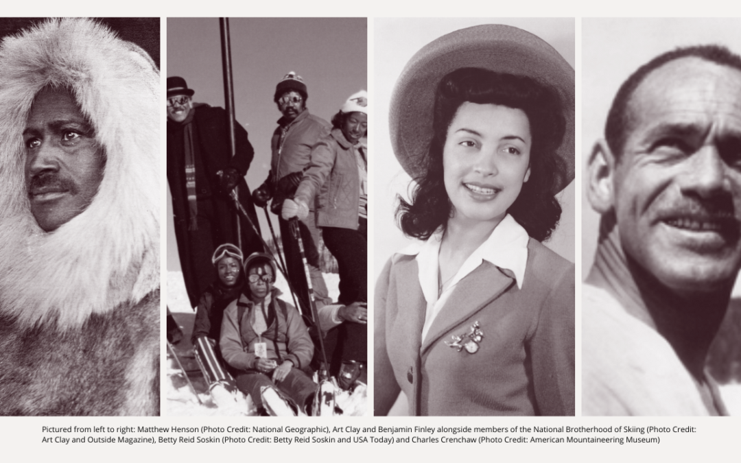 Outdoor History is Black History. Photos of Matthew Henson, Art Clay, Betty Soskin, and Charles Crenchaw.